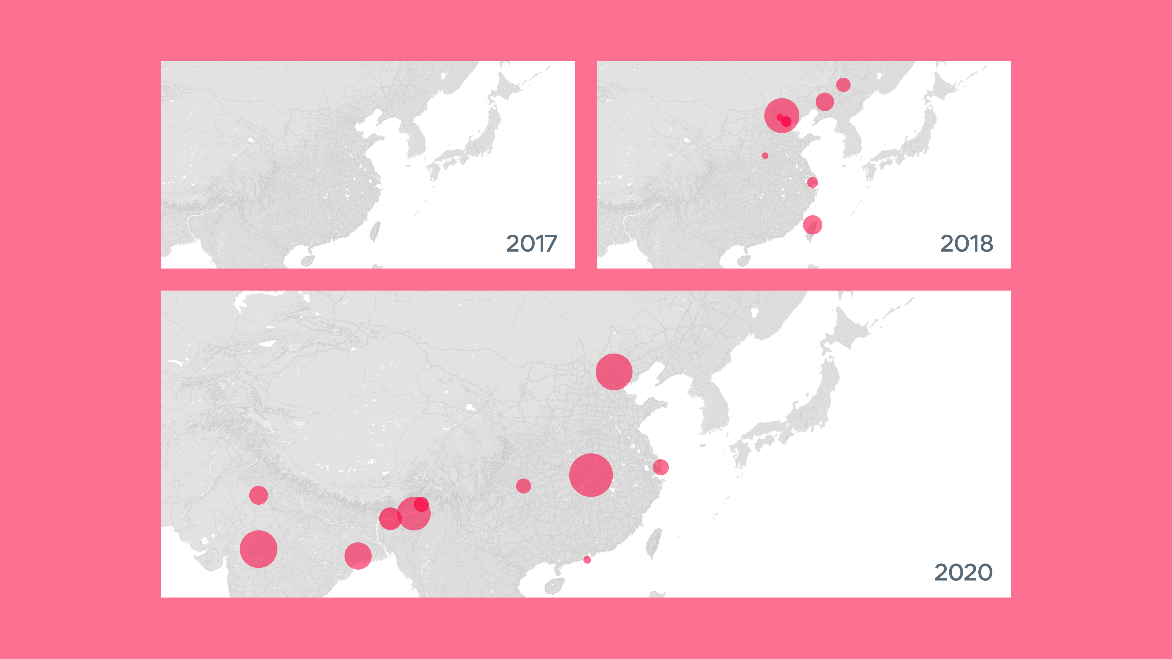 Three maps of China highlight the spread of African Swine Flu between 2017 and 2020.